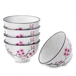 17 fl. oz. Porcelain 5-Piece White Cherry Blossoms Rice Fruit Bowls Japanese Soup Bowl by Panbado
