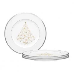 Palace Christmas 8.5 in. Platinum White Bone Set of 4 Holiday Accent Plates by Noritake