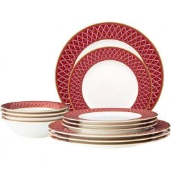 Crochet White and Deep Red, Bone China 12-Piece Dinnerware Set (Service for 4) by Noritake