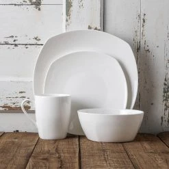 Square 32 Piece Dinnerware Set, White Bone China Set by STONE LAIN