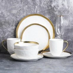 16-Piece Dishes for 4-Gold and White Florian Modern Porcelain Dish Set by STONE LAIN